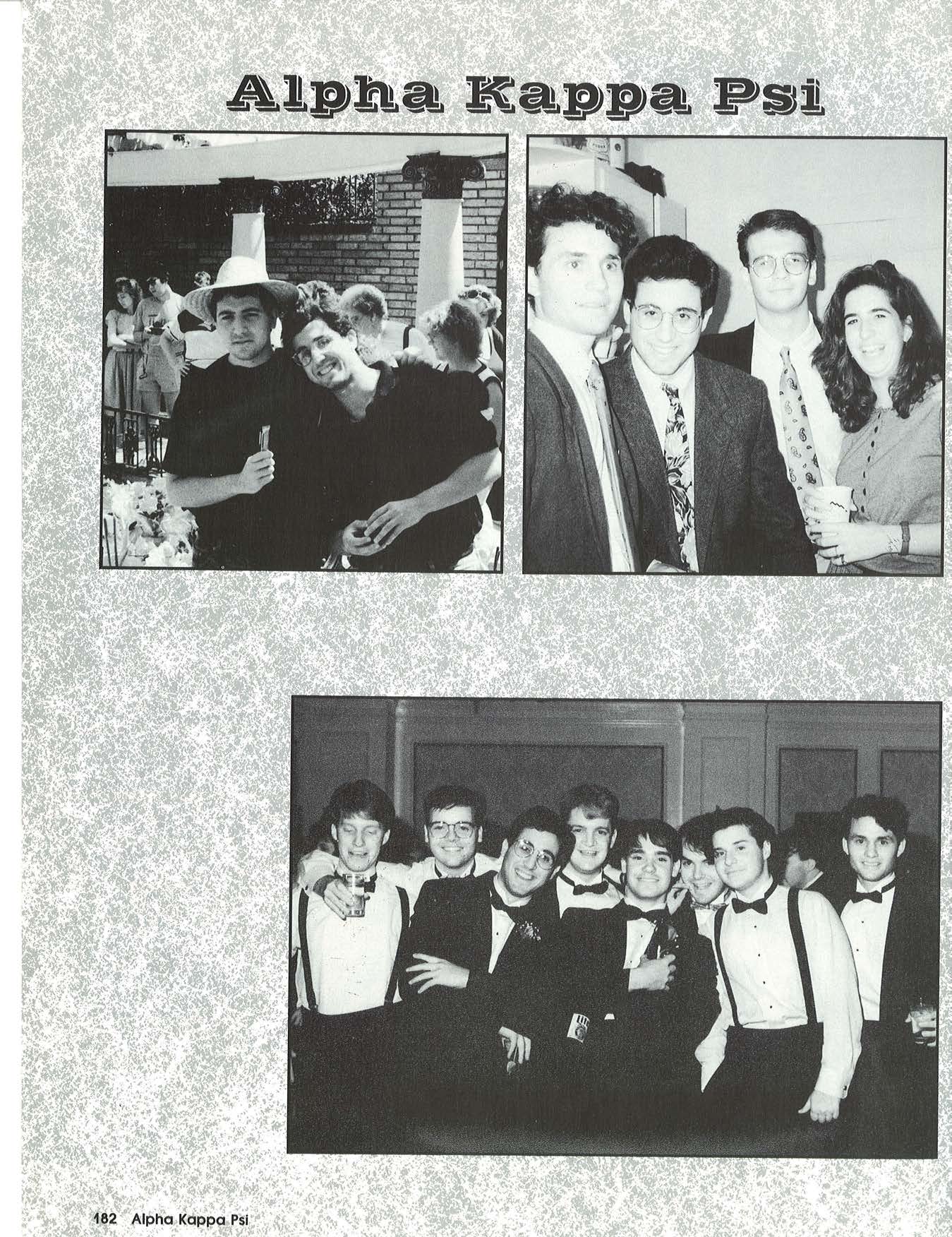 Members of Alpha Kappa Psi Gamma Nu at Babson College in 1991, including Daniel Cohen, William Chris Adair and Ben Lazar. Lower photo shows fraternity brothers at Sfuzzi in Chestnut Hill, including Patrick Carroll, Todd “Otis” McElroy, Etienne Grignard, James M. Kittler, Eric “Big Daddy” Toth and William Chris Adair.