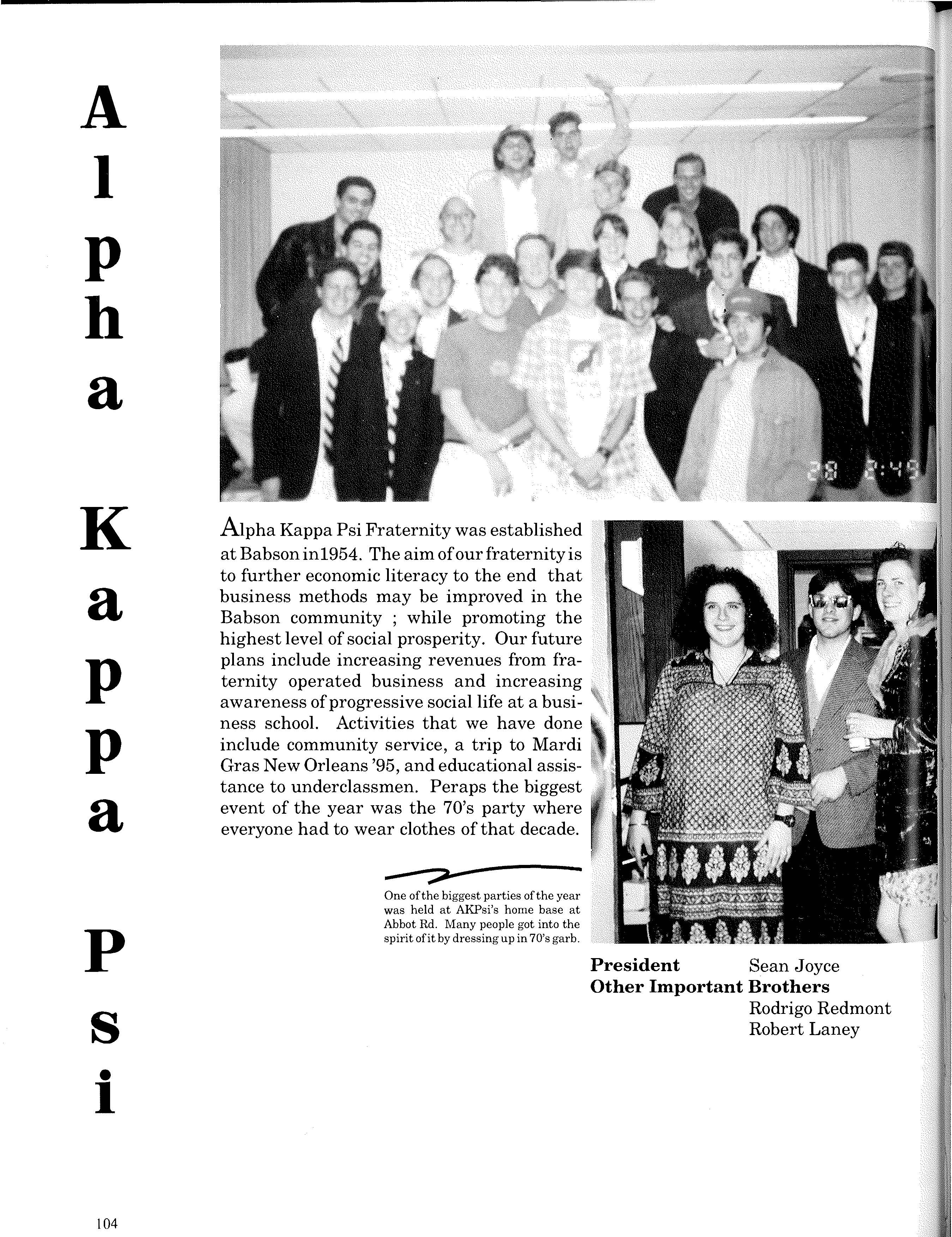 Alpha Kappa Psi Gamma Nu members at Babson College in the 1990s, including Involuntary Reroute author Robert Laney and fraternity brothers during the entrepreneurial era that influenced early discount air travel. Helen Maloney is also in to lower photo.