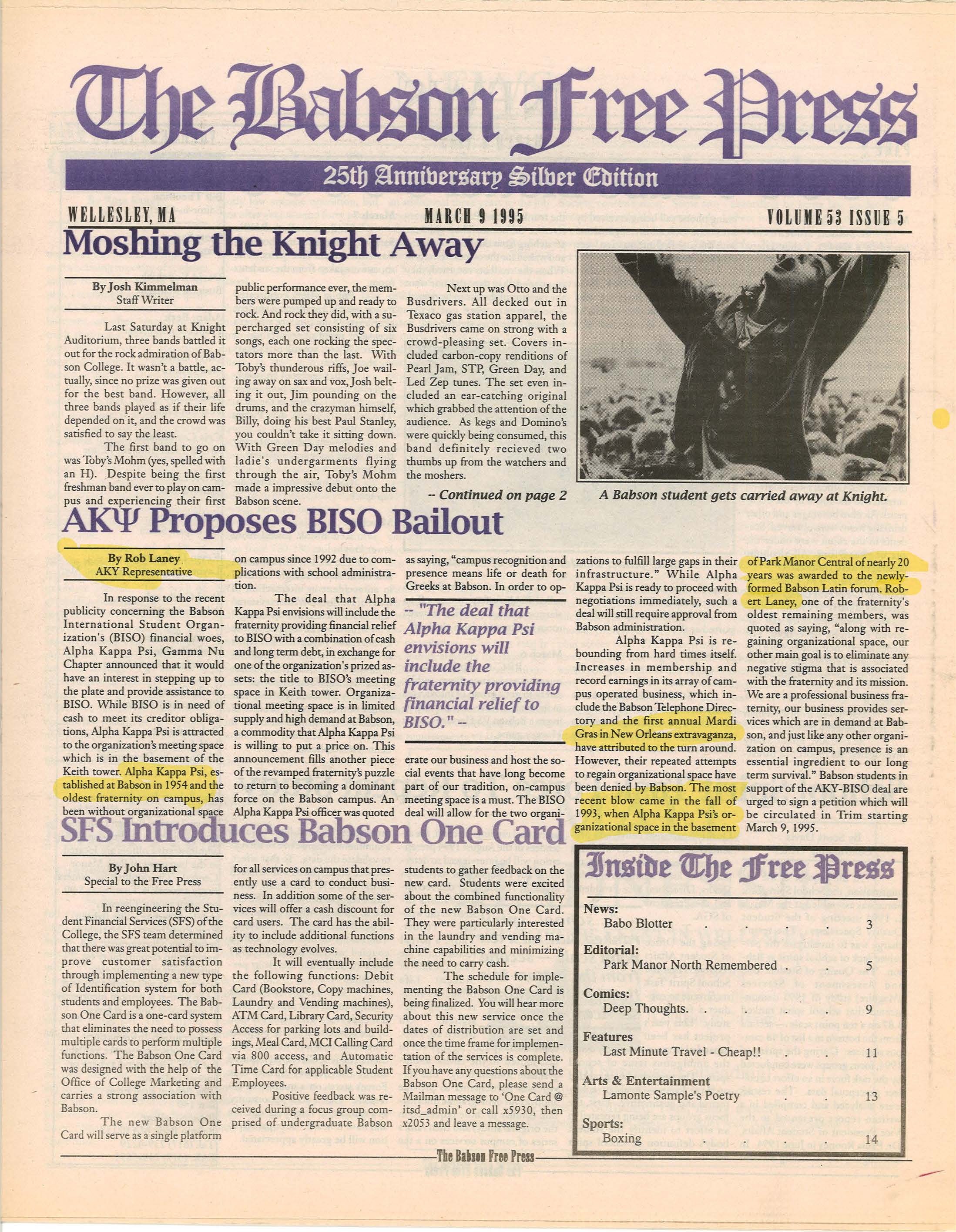 Alpha Kappa Psi Gamma Nu proposing BISO bailout at Babson College -March 9, 1995 Babson Free Press article 